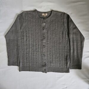 Womens Grey Cable Knit Button Front Cardigan Sweater Large‎ Layering Minimalist
